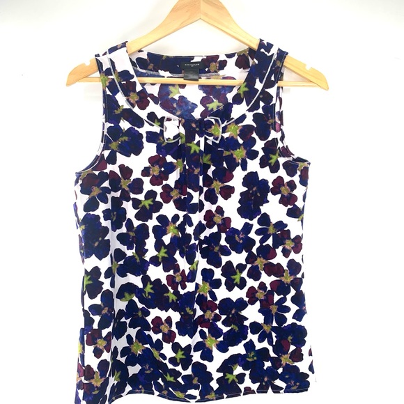 Ann Taylor Womens Tank Top Size XS Blue Floral Stretch Classic career V-neck - Picture 3 of 8